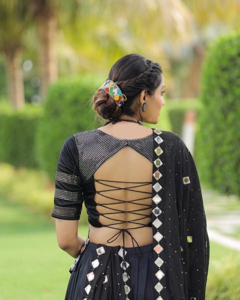 Charcoal Grey Cotton Silk Lehenga Choli with Sequin Butta Perfect for Garba Look Navratri Lehnega Choli