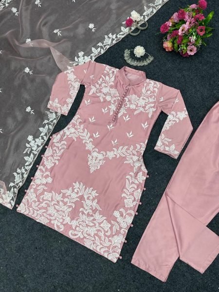 Charming Blush Jam Satin Kurti Pant With Dupatta 3 Piece Kurti Set