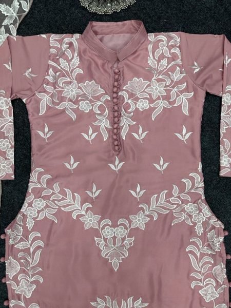 Charming Blush Jam Satin Kurti Pant With Dupatta 3 Piece Kurti Set