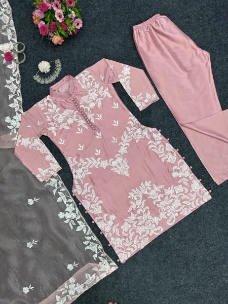 Charming Blush Jam Satin Kurti Pant With Dupatta 3 Piece Kurti Set