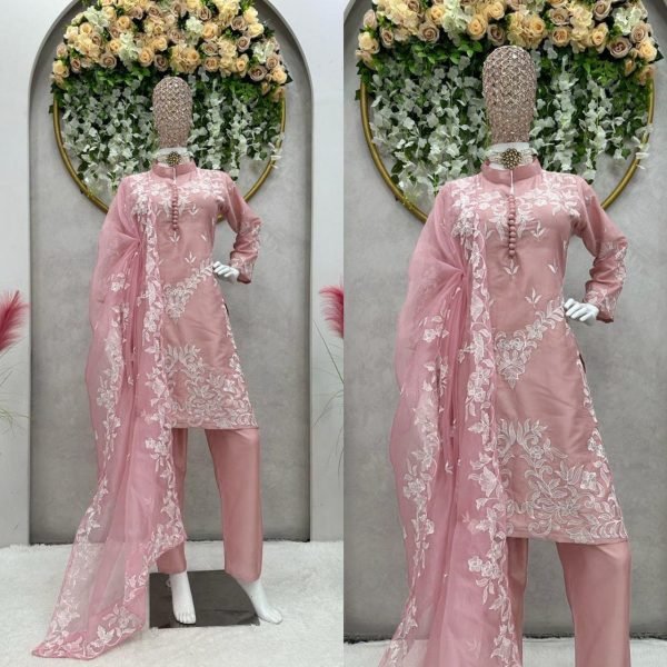 Charming Blush Jam Satin Kurti Pant With Dupatta 3 Piece Kurti Set