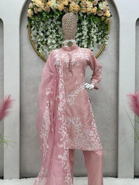 Charming Blush Jam Satin Kurti Pant With Dupatta 3 Piece Kurti Set