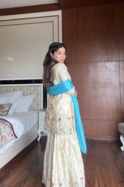 Cream and Blue Embroidered Chinon Sharara Suit with Sequins Work Festive Ready Outfit Ready To Wear Collection