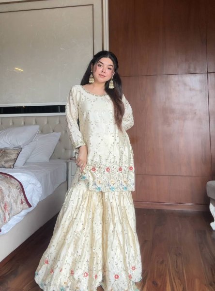 Cream and Blue Embroidered Chinon Sharara Suit with Sequins Work Festive Ready Outfit Ready To Wear Collection