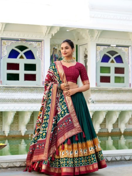 Charming Green Patola Print Tussar Silk Lehenga Set 