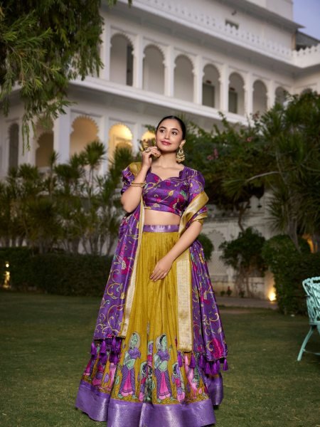Charming Mustard Yellow Kalamkari Printed Silk Traditional Lehenga Choli 