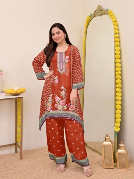 Charming Orange Digital Print with Mirror Work Maslin Co-Ord Set for Bulk Buyers Kurtis