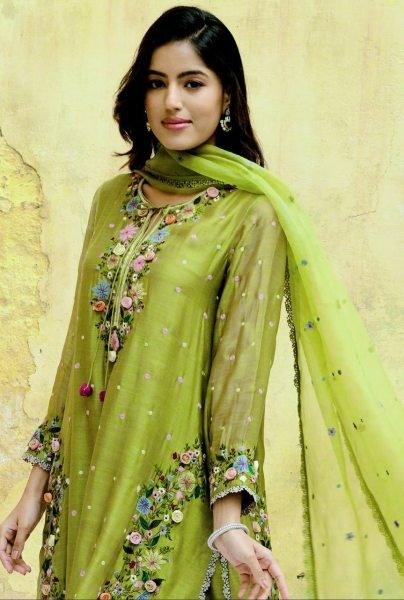 Charming Parrot Green Embroidered Georgette Suit Set for Exporters at Manufacturer Rate Embroidery Kurtis 