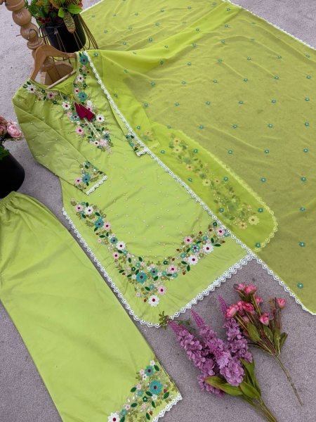 Charming Parrot Green Embroidered Georgette Suit Set for Exporters at Manufacturer Rate Embroidery Kurtis 
