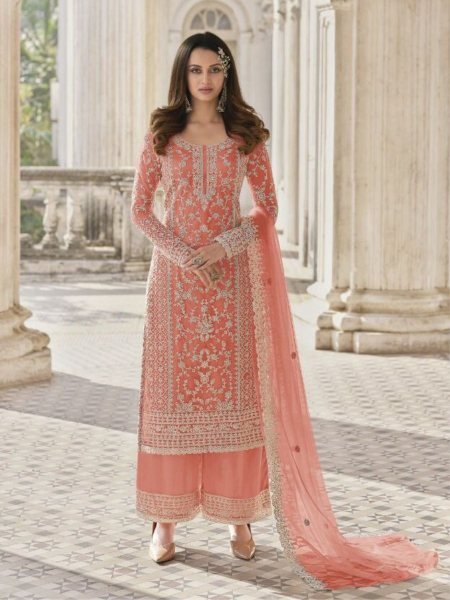 Charming Peach Semi Stitched Butterfly Net Embroidery Suit with Matching Bottom and Dupatta at Functional Wear 