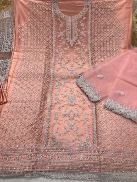 Charming Peach Semi Stitched Butterfly Net Embroidery Suit with Matching Bottom and Dupatta at Functional Wear  Embroidery Suits Wholesale