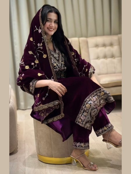 Charming Purple Viscose Velvet Embroidered Sequence Suit Set with Cut Work Dupatta for Party Wear 
