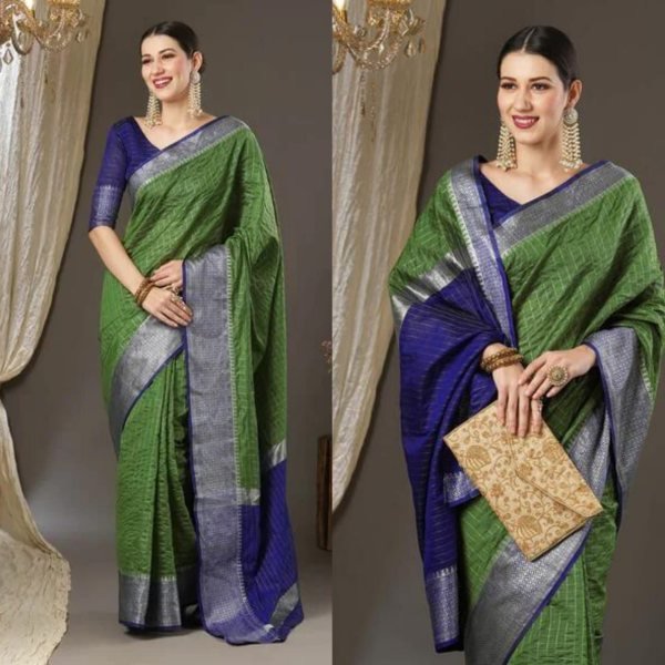 Checked Banarasi Silk Saree with Contrast Border  Banarasi Saree Wholesale