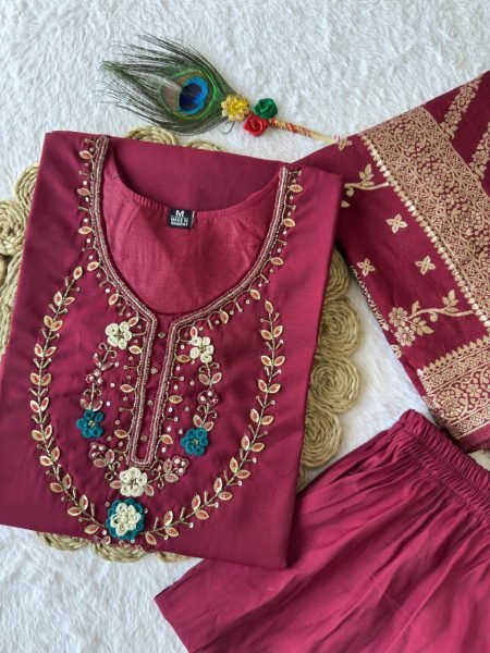 Cherry Handworked Kurti Set with Designer Pants   Heavy Dupatta Perfect for Festive Styling 3 Piece Kurti Set