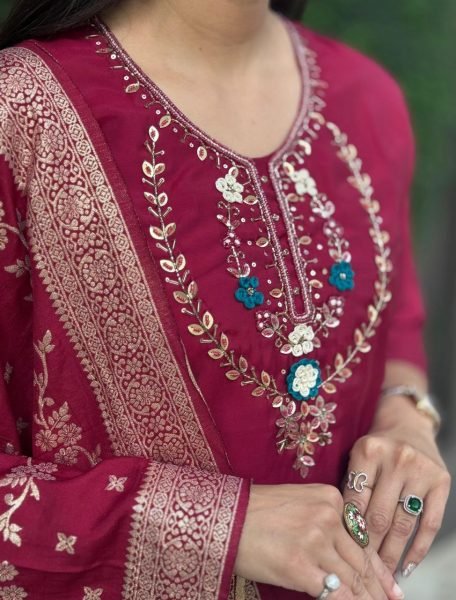 Cherry Handworked Kurti Set with Designer Pants   Heavy Dupatta Perfect for Festive Styling 3 Piece Kurti Set
