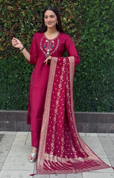 Cherry Handworked Kurti Set with Designer Pants   Heavy Dupatta Perfect for Festive Styling 3 Piece Kurti Set
