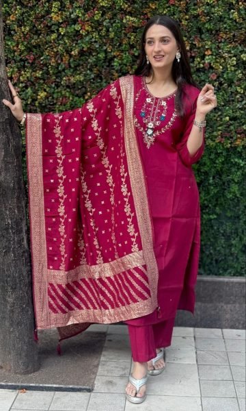Cherry Handworked Kurti Set with Designer Pants   Heavy Dupatta Perfect for Festive Styling 3 Piece Kurti Set