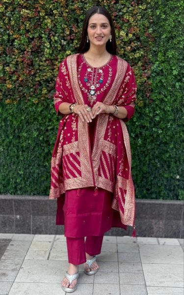 Cherry Handworked Kurti Set with Designer Pants   Heavy Dupatta Perfect for Festive Styling 3 Piece Kurti Set