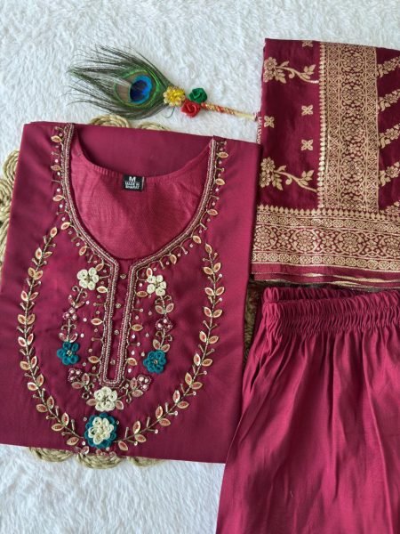 Cherry Handworked Kurti Set with Designer Pants   Heavy Dupatta Perfect for Festive Styling 3 Piece Kurti Set
