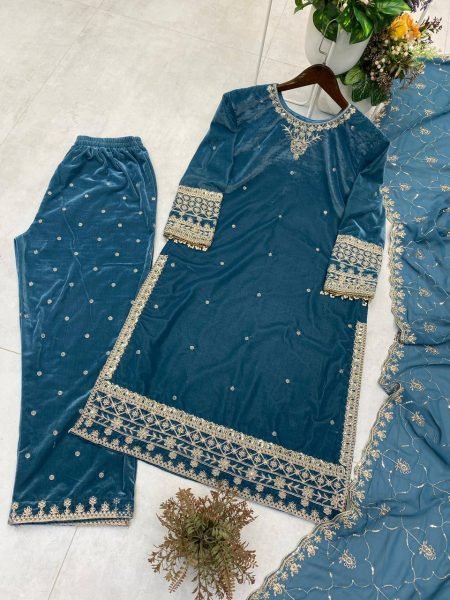 Chic 9000 Velvet Sequence Embroidery Work Suit with Sequins Dupatta for Weddings   Parties at Manufacturer Rate Ready To Wear Collection