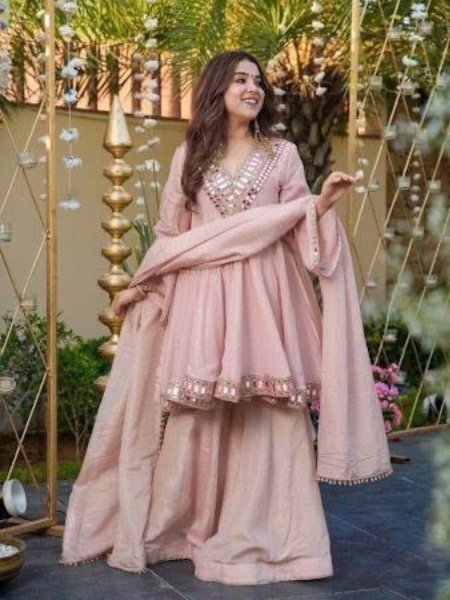 Chic Baby Pink Mirror Work Chinon Silk Plazzo Suit at Reseller Rate for Party Wear  