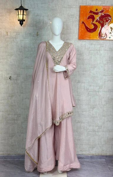 Chic Baby Pink Mirror Work Chinon Silk Plazzo Suit at Reseller Rate for Party Wear  Ready To Wear Collection