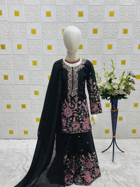 Chic Black Sharara Set for Girls Embroidered Elegance for Festive & Wedding Vibes Girls Wear
