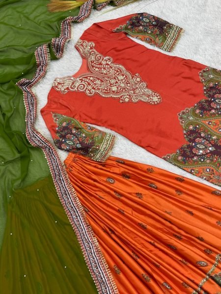 Chic classic Orange Pure Chinon Silk Embroidered Top Plazzo Dupatta Set with Mirror   Work for Party Wear Ready To Wear Collection