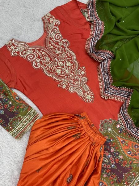 Chic classic Orange Pure Chinon Silk Embroidered Top Plazzo Dupatta Set with Mirror   Work for Party Wear Ready To Wear Collection