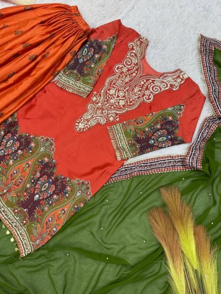 Chic classic Orange Pure Chinon Silk Embroidered Top Plazzo Dupatta Set with Mirror   Work for Party Wear Ready To Wear Collection