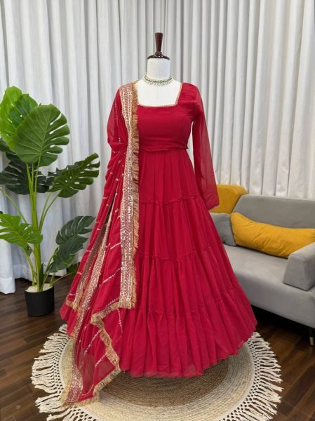 Chic-classic Red Heavy Flair & Tassels Georgette Ruffle Style Anarkali with Dupatta at Wholesale Rate  Georgette Kurti 