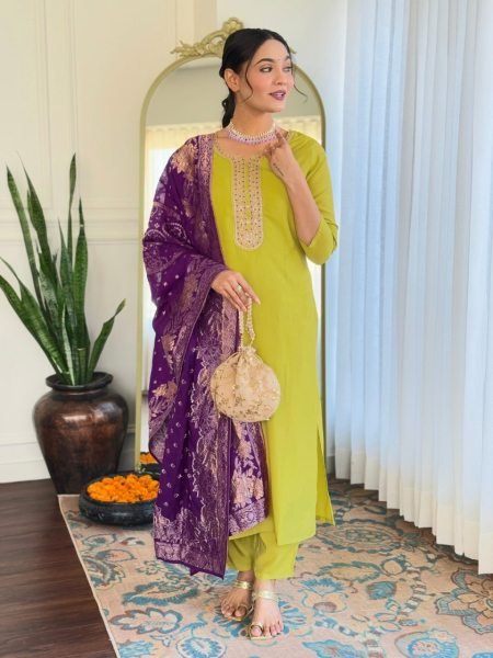 Chic Lime Green Embroidered Kurti Set with Jacquard Dupatta At Wholesale Price 3 Piece Kurti Set
