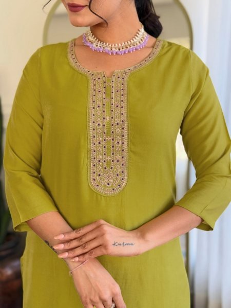 Chic Lime Green Embroidered Kurti Set with Jacquard Dupatta At Wholesale Price 3 Piece Kurti Set