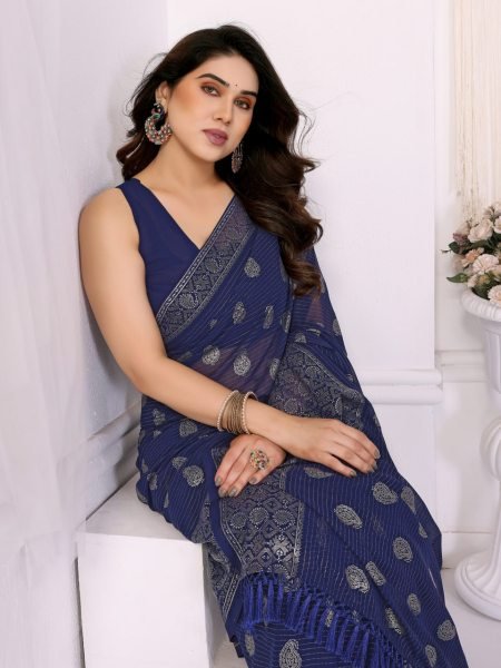 Chic Navy Blue Georgette Saree with Foil Accents   Designer Lace Border Georgette Sarees Wholesale