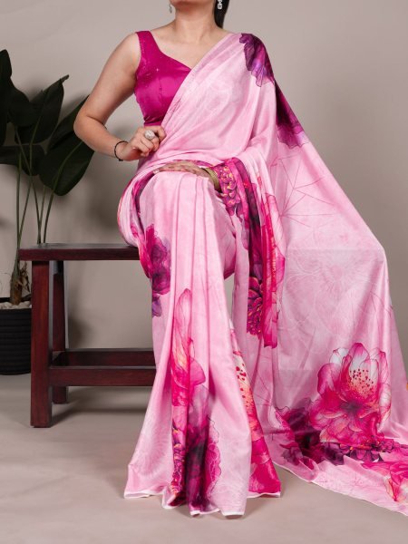 Chic Pink Satin Silk Printed Saree Summer Special Designer Drape for Women Wholesale Collection by Surat Textile Exporter