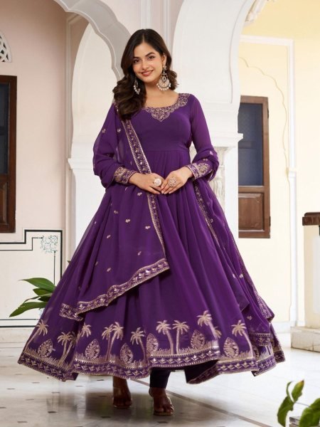 Chic Purple Faux Georgette Thread Sequence Gown with Pant and Dupatta at Wholesale Rate for Party Wear Kurtis