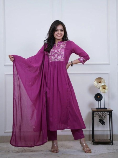   Chic Rani Pink Cotton Embroidered Kurti Pant with Cotton Dupatta for Office Wear 