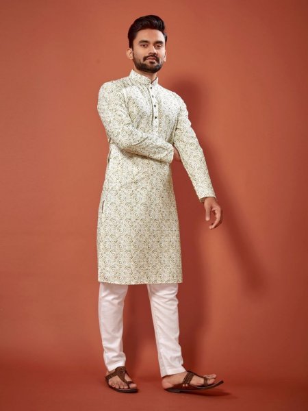 Chikankari Printed Cotton Mens Kurta Pajama   Kurta Pajama Wholesale