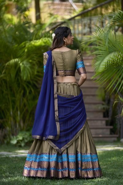 Chiku Color Poly Cotton Saree Lehenga Choli with Unstitched Blouse   Georgette Dupatta Half Saree Lehenga