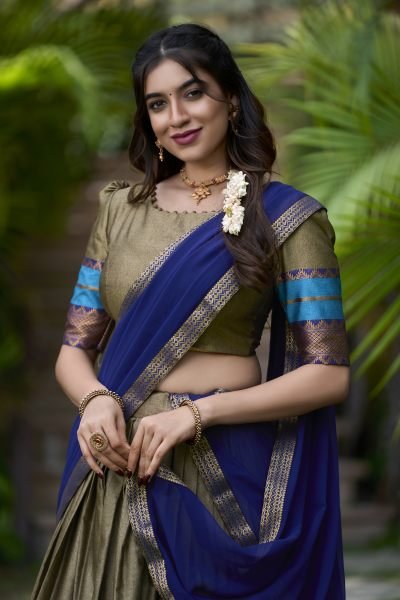 Chiku Color Poly Cotton Saree Lehenga Choli with Unstitched Blouse   Georgette Dupatta Half Saree Lehenga