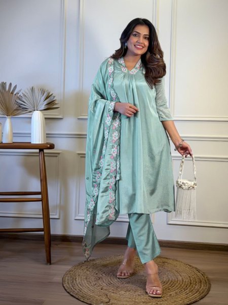 Chinon Embroidered Kurti Set with Soft Rayon Bottom and Dupatta Premium 3 Piece Suit at Low Price