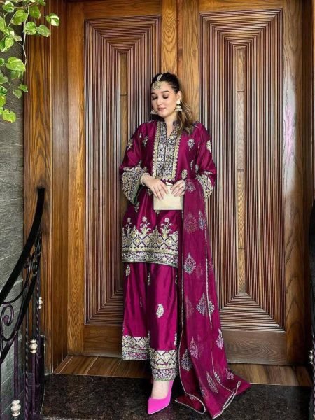 Chinon Silk Embroidered Kurti Palazzo Set with Fancy Dupatta Ready to Wear Collection from Surat Wholesaler 