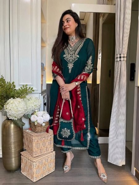 Chinon Silk Fancy Embroidery Work Designer Kurti Pant Dupatta Set Ready To Wear 