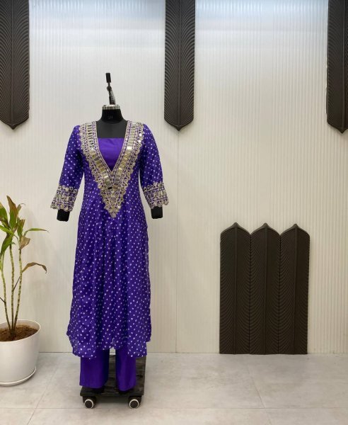 Chinon Top with Real Mirror   Embroidery Work  Pant   Blouse Set Digital Printed Kurti Set for Wedding   Festive Wear  3 Piece Kurti Set