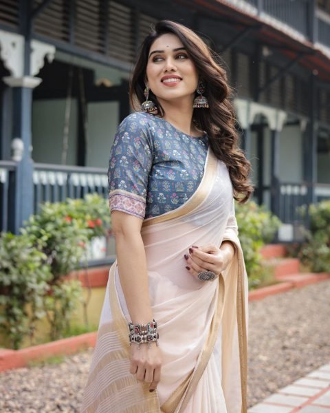 Classic cream white chiffon saree with a contrast blouse piece and a rich golden zari border Bollywood Fancy Sarees Wholesale