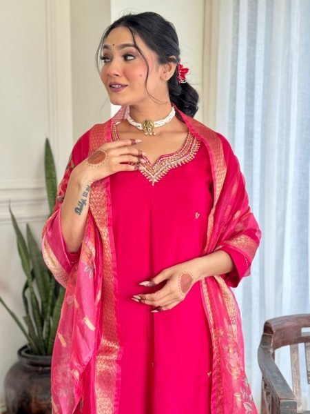 Classic  Embroidered Chinon Silk Suit with Soft Dupatta     New Arrival 3 Piece Kurti Set