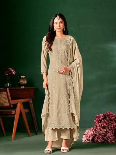Beige Classic Glow Chinon Suit with Swarovski Touch Ideal for Day Events Embroidery Suits Wholesale