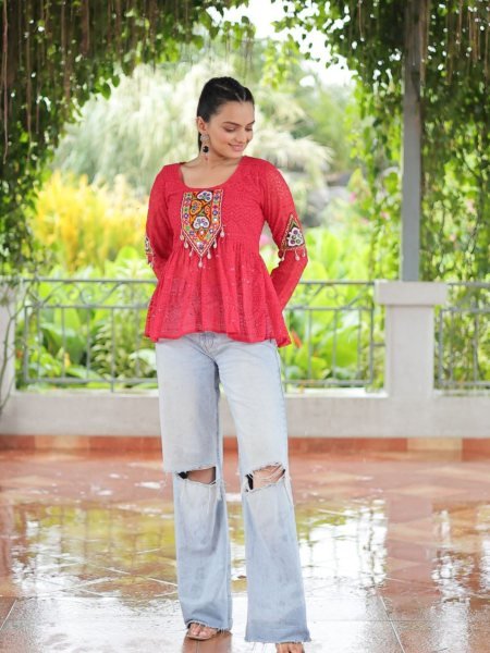 Classic Red Schiffli Peplum Kurti with Gamthi Embroidery Navratri 2025 Must Have 