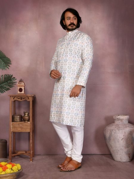 Classic White Heavy Cotton Kurta Pyjama For Wedding Guest Wear 