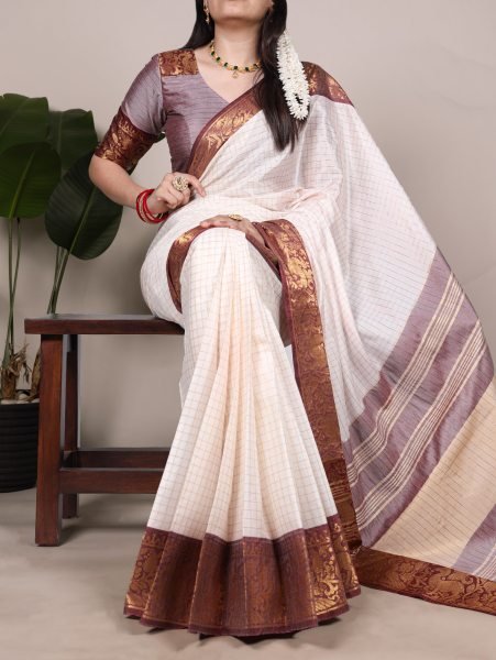 Classic White Poly Cotton Chex Saree with Brown Zari Border Elegant Export Wear South Indian Saree 